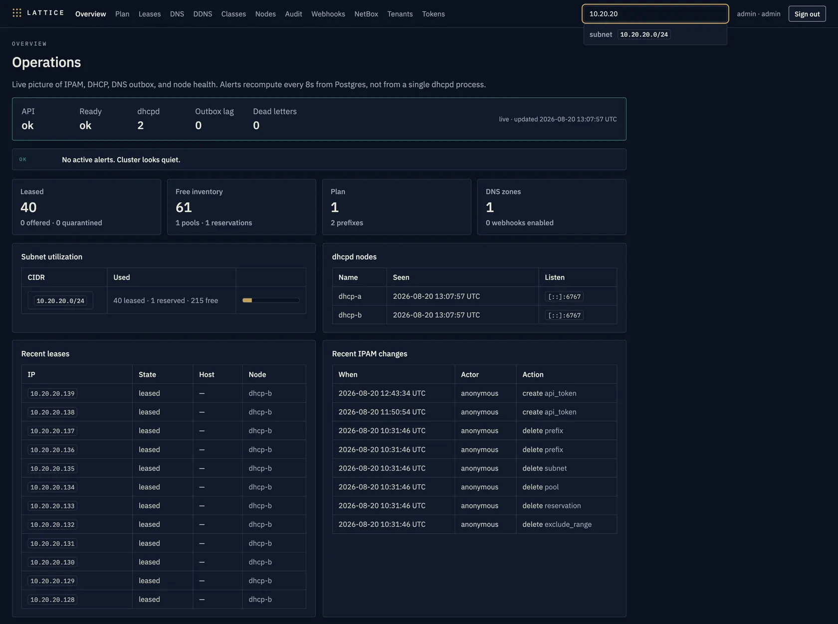 Header search for 10.20.20 showing a subnet hit in the dropdown.