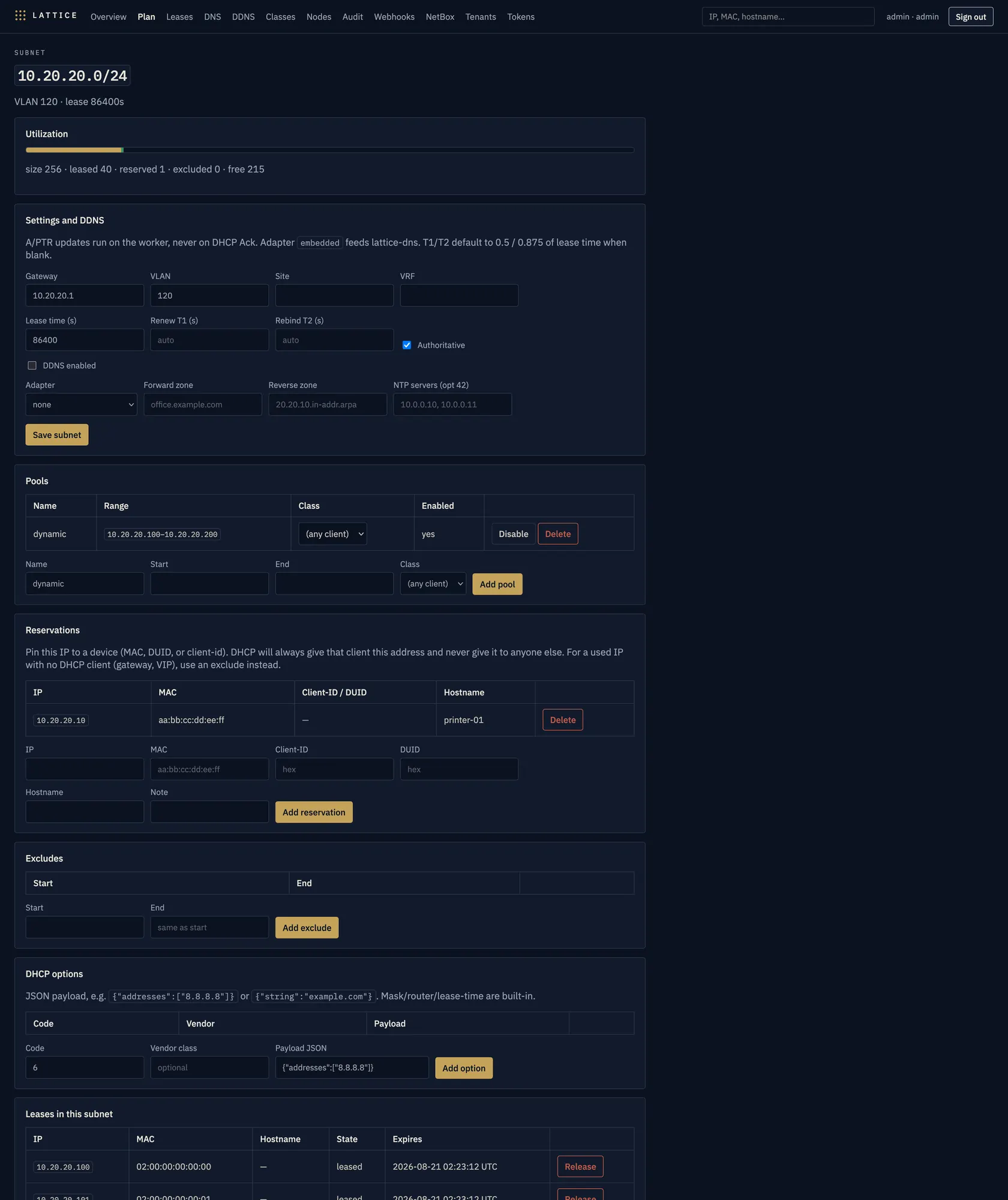 Subnet screen: utilization, settings, NTP, pool, reservation, excludes, options
